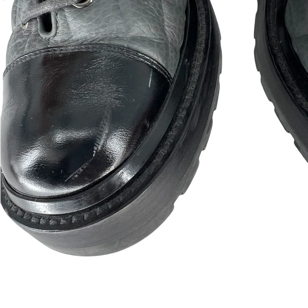 Chanel 2022 CC Chain Quilted Cap Toe Logo Combat Boots in Gray & Black Size 39.5